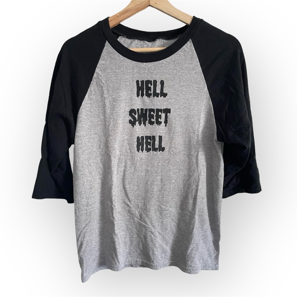 HELL SWEET HELL Black and Gray Baseball Tee Handmade Screen Print Size US Small